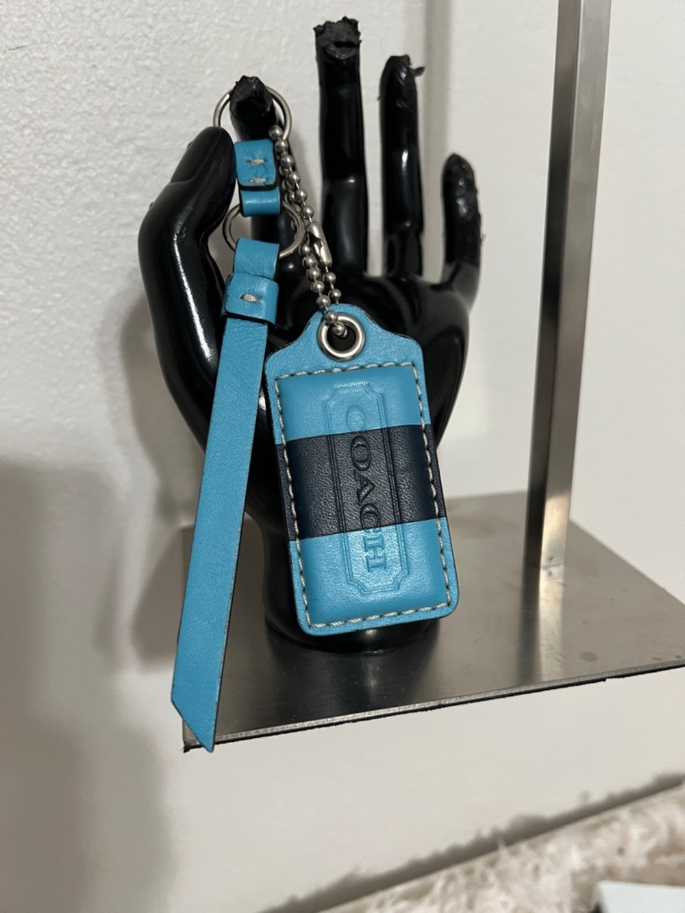 Coach Blue Leather Key & Strap Tag with Navy Stripe
